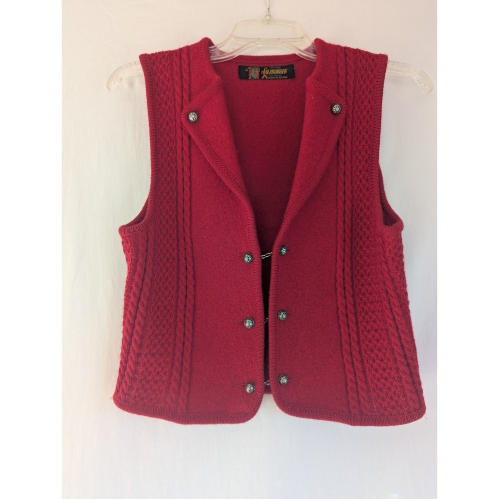 Vintage Salzburger Wool Vest Women's Sz S-M Red Buttons w/Chain made in Austria
